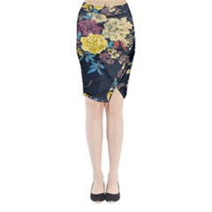 Deep Blue Vintage Flowers Midi Wrap Pencil Skirt by Brittlevirginclothing