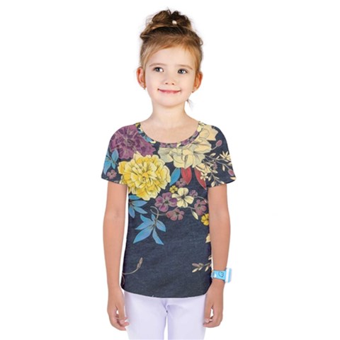 Deep Blue Vintage Flowers Kids  One Piece Tee by Brittlevirginclothing
