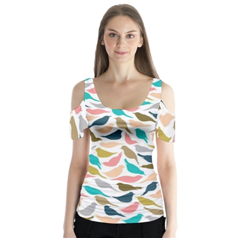 Colorful Birds Butterfly Sleeve Cutout Tee  by Brittlevirginclothing