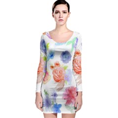 Watercolor Colorful Roses Long Sleeve Bodycon Dress