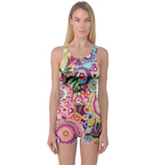 Colorful Flower Pattern One Piece Boyleg Swimsuit by Brittlevirginclothing