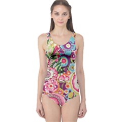 Colorful Flower Pattern One Piece Swimsuit by Brittlevirginclothing