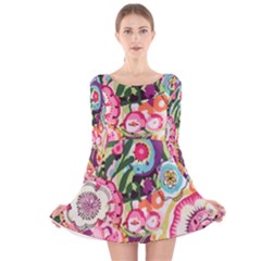 Colorful Flower Pattern Long Sleeve Velvet Skater Dress by Brittlevirginclothing