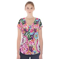 Colorful Flower Pattern Short Sleeve Front Detail Top by Brittlevirginclothing
