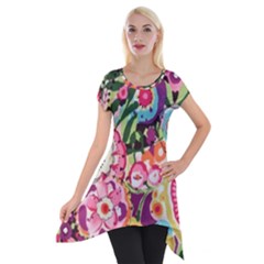 Colorful Flower Pattern Short Sleeve Side Drop Tunic by Brittlevirginclothing