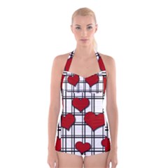 Hearts pattern Boyleg Halter Swimsuit 