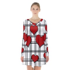 Hearts pattern Long Sleeve Velvet V-neck Dress