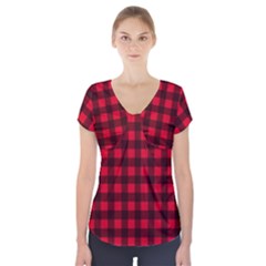 Red And Black Plaid Pattern Short Sleeve Front Detail Top by Valentinaart