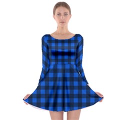 Blue And Black Plaid Pattern Long Sleeve Skater Dress