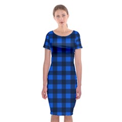 Blue And Black Plaid Pattern Classic Short Sleeve Midi Dress