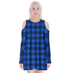 Blue And Black Plaid Pattern Velvet Long Sleeve Shoulder Cutout Dress by Valentinaart