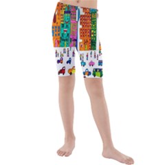 Painted Autos City Skyscrapers Kids  Mid Length Swim Shorts