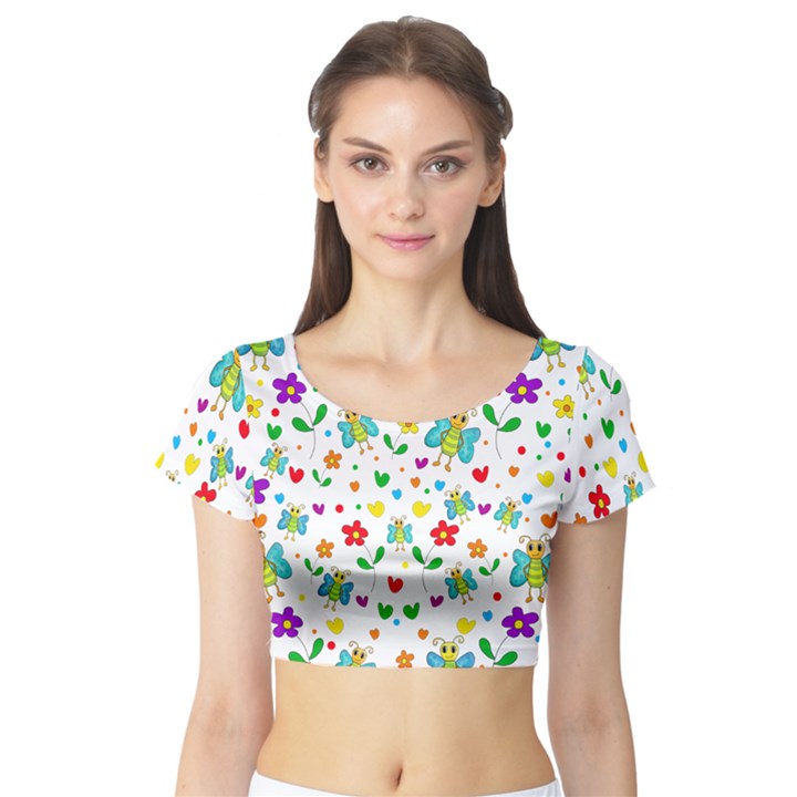 Cute butterflies and flowers pattern Short Sleeve Crop Top (Tight Fit)