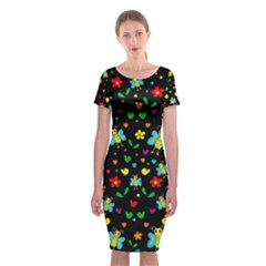 Butterflies And Flowers Pattern Classic Short Sleeve Midi Dress