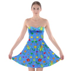 Cute Butterflies And Flowers Pattern - Blue Strapless Bra Top Dress by Valentinaart