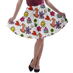 Doodle Pattern A-line Skater Skirt