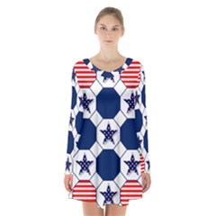 Patriotic Symbolic Red White Blue Long Sleeve Velvet V-neck Dress