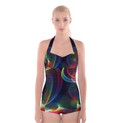 Abstract Rainbow Twirls Boyleg Halter Swimsuit  by Nexatart