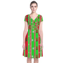 Christmas Paper Pattern Short Sleeve Front Wrap Dress