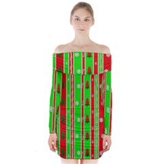 Christmas Paper Pattern Long Sleeve Off Shoulder Dress