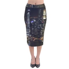 City At Night Lights Skyline Velvet Midi Pencil Skirt by Nexatart
