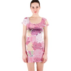 Peonies Flower Floral Roes Pink Flowering Short Sleeve Bodycon Dress