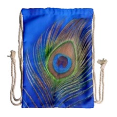 Blue Peacock Feather Drawstring Bag (large) by Amaryn4rt