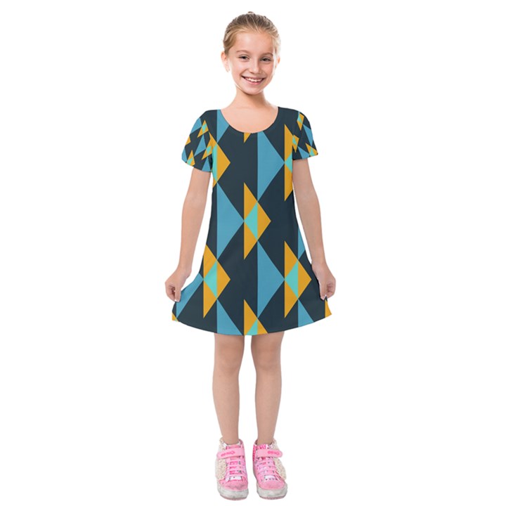 Yellow blue triangles pattern                                  Kids  Short Sleeve Velvet Dress
