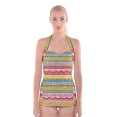 Colorful Bohemian Boyleg Halter Swimsuit  by Brittlevirginclothing