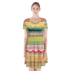 Colorful Bohemian Short Sleeve V-neck Flare Dress by Brittlevirginclothing