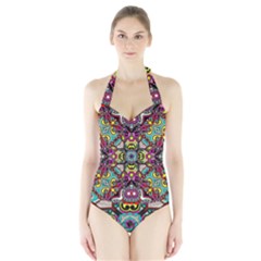 Traitional Floral Purple Halter Swimsuit by Brittlevirginclothing