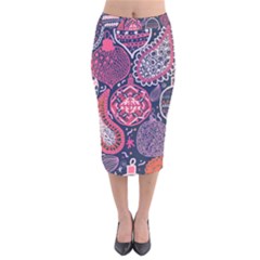 Colorful Bohemian Purple Leaves Velvet Midi Pencil Skirt