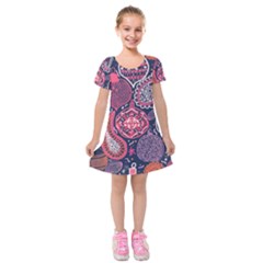 Colorful Bohemian Purple Leaves Kids  Short Sleeve Velvet Dress