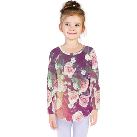 Pink Pastel Roses Kids  Long Sleeve Tee by Brittlevirginclothing