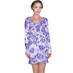 Electric White And Blue Roses Long Sleeve Nightdress by Brittlevirginclothing