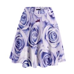 Electric White And Blue Roses High Waist Skirt by Brittlevirginclothing