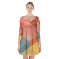 Colorful Warm Colored Quares Long Sleeve Velvet V-neck Dress