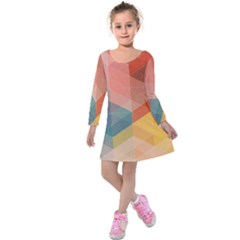 Colorful Warm Colored Quares Kids  Long Sleeve Velvet Dress