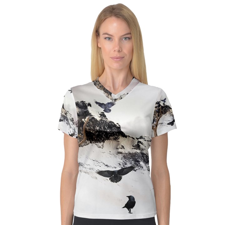 Birds Crows Black Ravens Wing Women s V-Neck Sport Mesh Tee