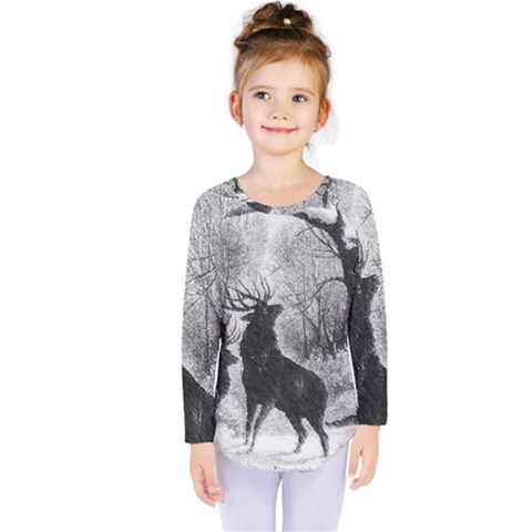 Stag Deer Forest Winter Christmas Kids  Long Sleeve Tee by Amaryn4rt