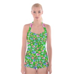 Spring Pattern - Green Boyleg Halter Swimsuit  by Valentinaart