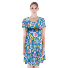 Spring Pattern - Blue Short Sleeve V-neck Flare Dress by Valentinaart