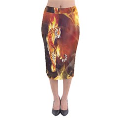 Fire Tiger Lion Animals Wild Orange Yellow Velvet Midi Pencil Skirt