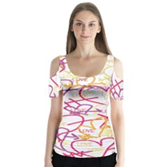 Love Heart Valentine Rainbow Color Purple Pink Yellow Green Butterfly Sleeve Cutout Tee 