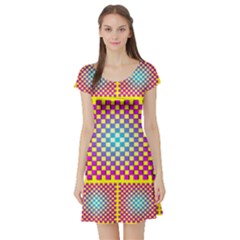 Rotational Plaid Purple Blue Yellow Short Sleeve Skater Dress