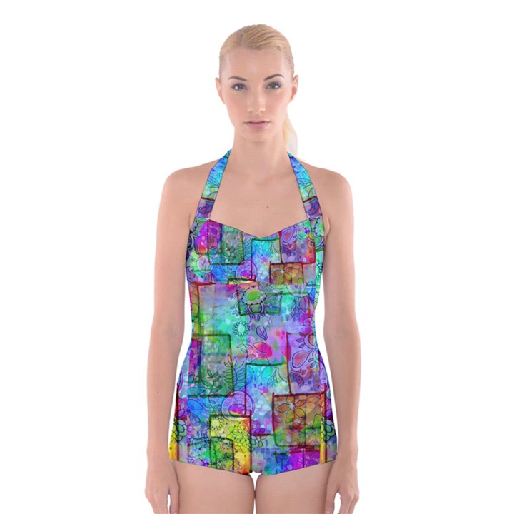 Rainbow Floral Doodle Boyleg Halter Swimsuit 