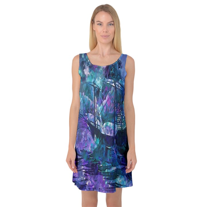 Abstract Ship Water Scape Ocean Sleeveless Satin Nightdress