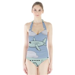 Airplane Fly Cloud Blue Sky Plane Jpeg Halter Swimsuit