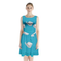 Animals Whale Blue Origami Water Sea Beach Sleeveless Chiffon Waist Tie Dress