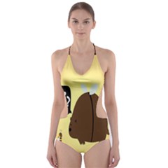 Bear Meet Bee Honey Animals Yellow Brown Cut-out One Piece Swimsuit by Alisyart